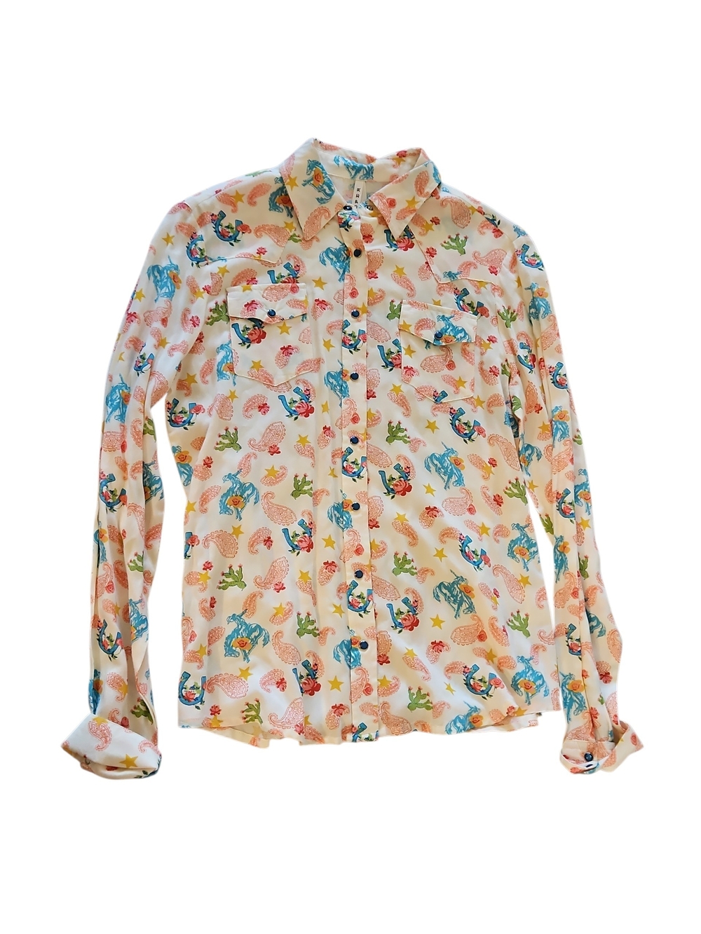 Roper Western Button-Up Shirt in Cream & Blue Horses Paisley Horseshoe Cowboy